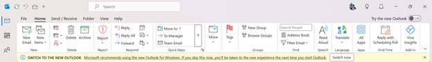 Business bar notification appearing beneath the ribbon in classic Outlook. You can choose to try the new Outlook app by clicking on Switch or close the business bar.