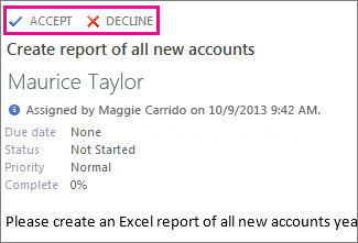 Accept and Decline commands in a task request viewed in the Reading Pane