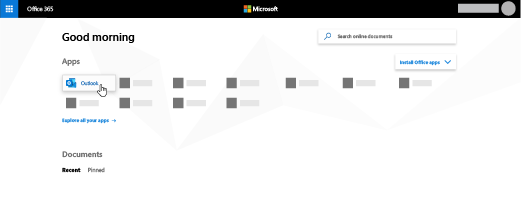 The Office 365 home page with the Outlook app highlighted