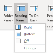 The screenshot shows the Reading pane layout options.