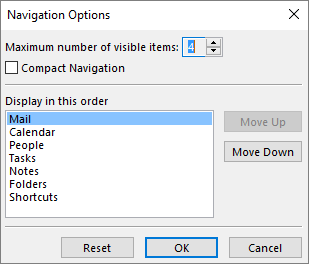 Quick access bar Navigation Options dialog box