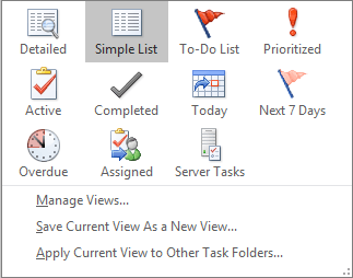 Current view options for tasks