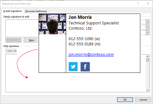 Paste custom signature block in email signature text box in the Signatures and Stationery dialog box