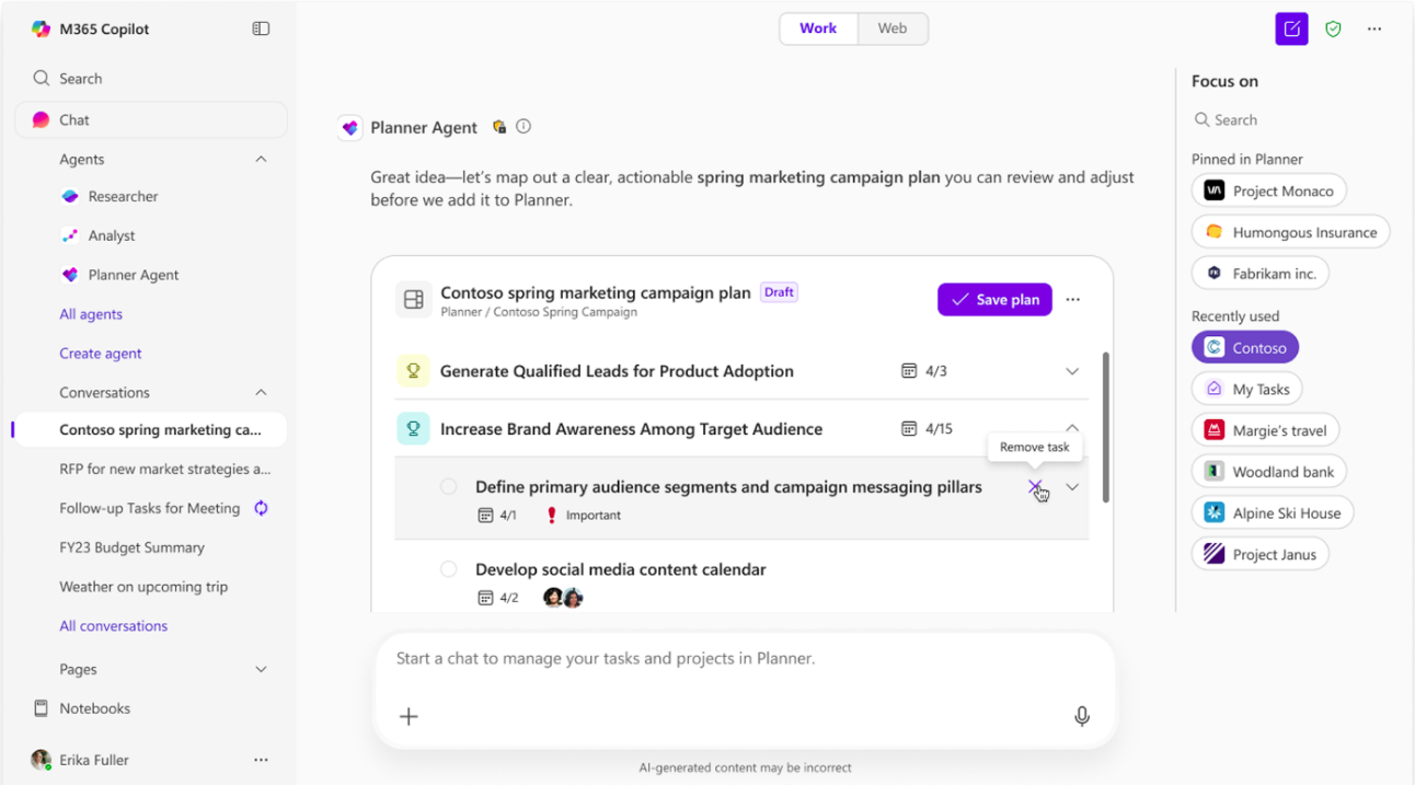 Screenshot that shows Planner Agent editing AI suggestion in draft mode.