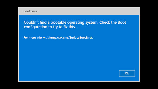 Error message shown when Surface cant find a bootable operating system.