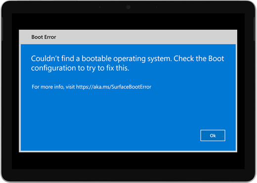 A blue screen with the title Boot error and a message saying to check the boot configuration.