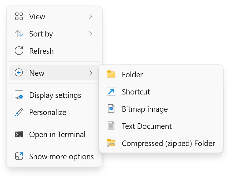 Screenshot of right-click > New.