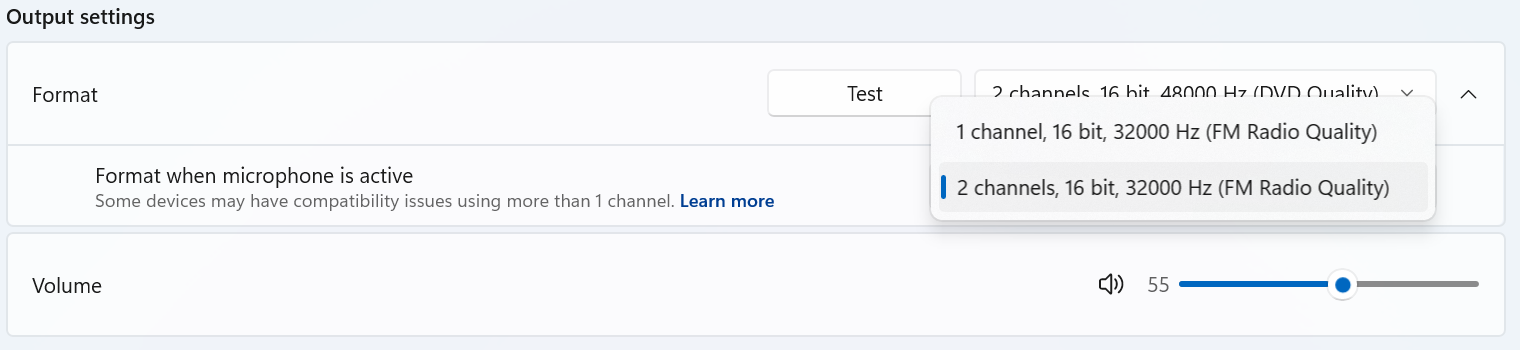 Output settings in System > Sound > Properties for a Bluetooth LE Audio device. The Format menu is expanded to show an secondary Format when microphone is active setting.