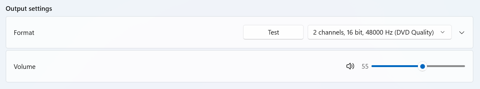 The output settings section of System > Sound > Properties for a Bluetooth LE Audio device