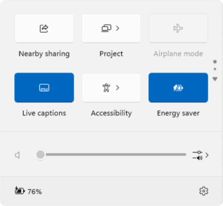 Screenshot of quick settings in Windows.