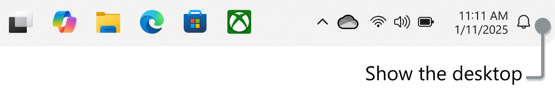 Screenshot of the taskbar with a note for the show the desktop button.