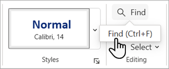 Screenshot showing the Find command on the Home tab in Word for the web.