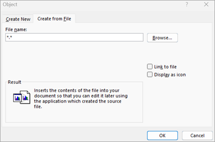 Screenshot showing the Create from File tab in the Object dialog box in Word.