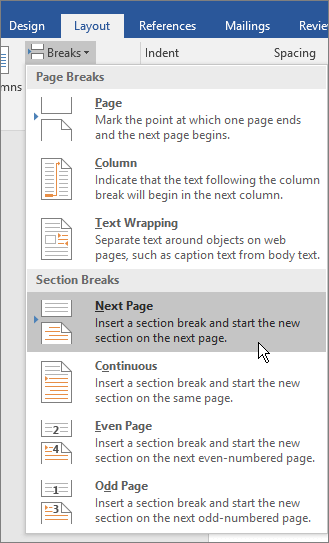 The break options are shown on the Layout tab.