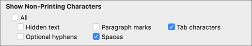 Non printing character settings
