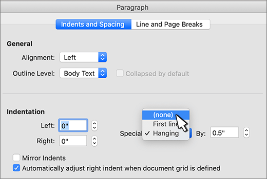 Selecting none for indent