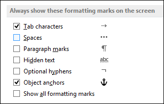 Always show or hide formatting symbols
