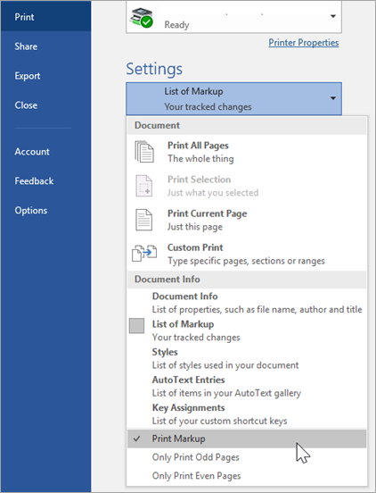 Shows Print Settings for printing markup