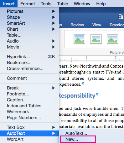 Insert menu with AutoText > New is highlighted.