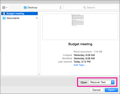 In the Open dialog box, next to Open, Recover Text is highlighted