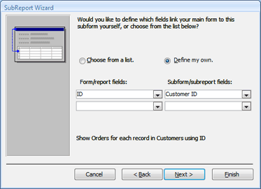 Defining your own links in the Subreport Wizard