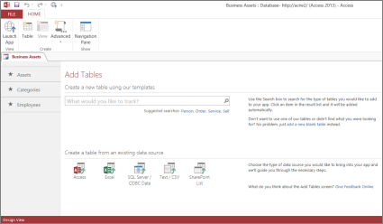 Add Tables page in the new apps Design view