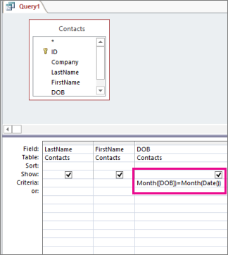 Expression in the Criteria row for DOB field