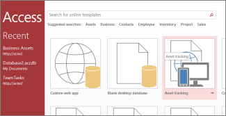 Asset tracking template on the Access start page