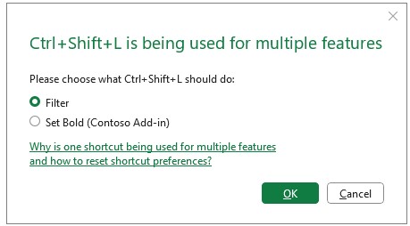 Screenshot of the keyboard shortcut conflict dialog listing possible actions.