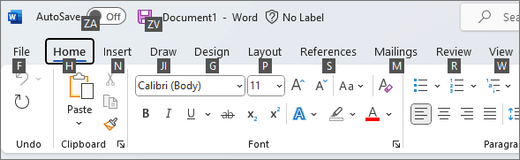 KeyTips shown over each option in the ribbon in Word.