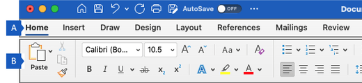 Ribbon in Word for Mac, showing the main regions of the ribbon.