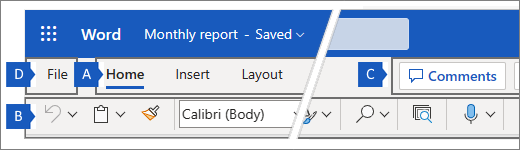 Ribbon in Word for the web, showing the four main regions of the ribbon.