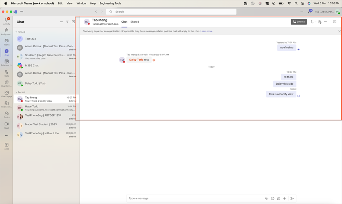 Teams chat pane showing how the chats look when Comfy mode is on.