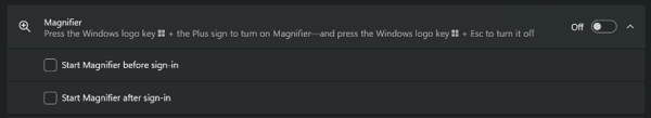Screenshot that shows Windows Settings showing the Magnifier control expanded, with the 'Start Magnifier before sign-in' and 'Start Magnifier after sign-in' checkboxes revealed.