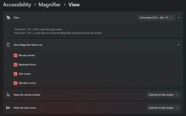Screenshot that shows Accessibility > Magnifier > View with Full screen selected: the 'Have Magnifier follow my' checkboxes (Mouse pointer, Keyboard focus, Text cursor, Narrator cursor) plus the 'Keep the mouse pointer' and 'Keep the text cursor' dropdowns.