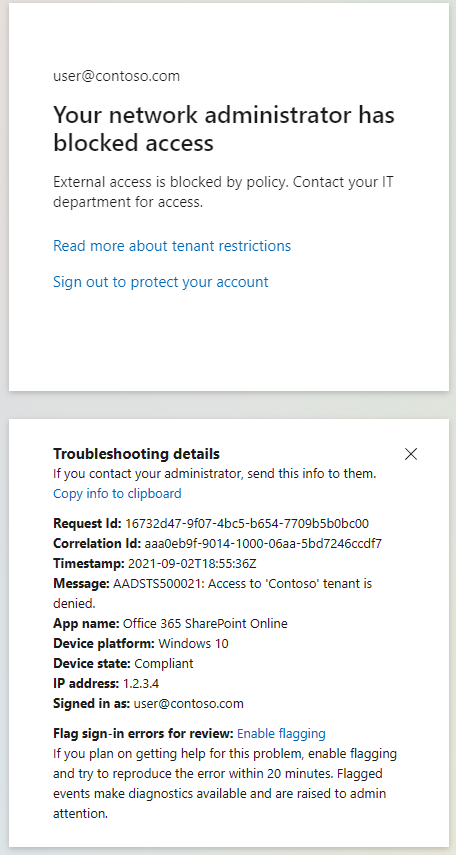 A sign-in page with a notice that tenant restrictions apply