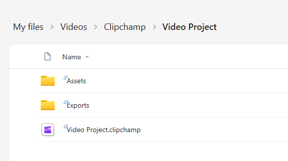 Screenshot that shows video project folder structure.
