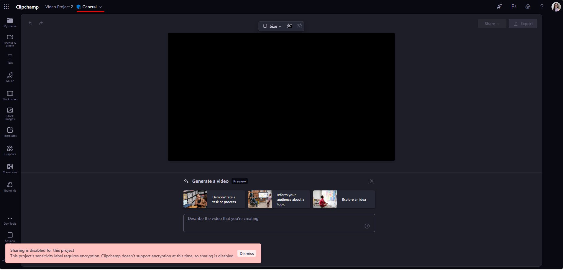 Screenshot that shows Clilpchamp video project file with protected sensitivity label applied.