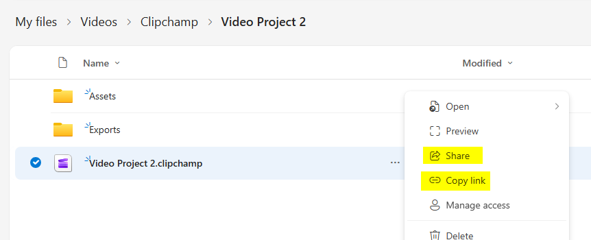 Screenshot that shows Clipchamp video project file in OneDrive with Share and Copy Link options.