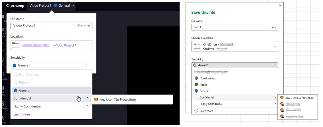 Screenshot that shows Clipchamp list of sensitivity labels vs other M365 apps.