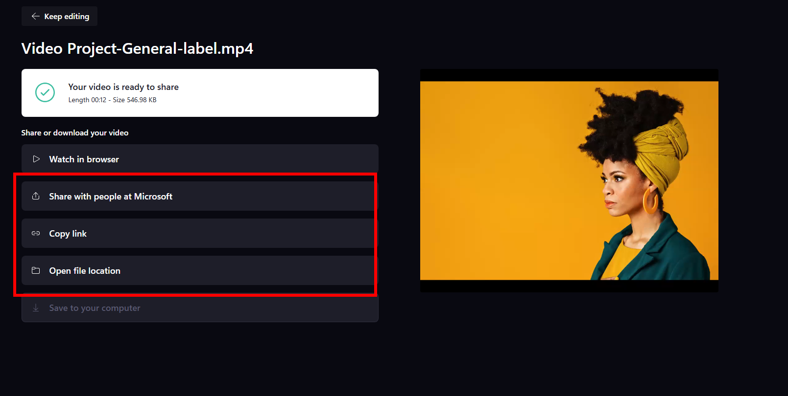Screenshot that shows unprotected video project on Export screen.