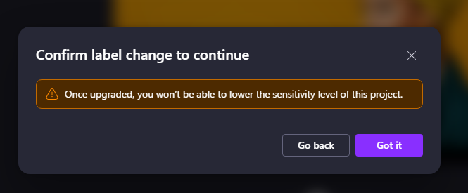 Screenshot that shows label upgrade warning message.
