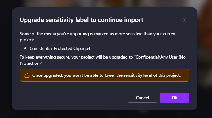 Prompt to upgrade the project label when importing higher-labelled media.