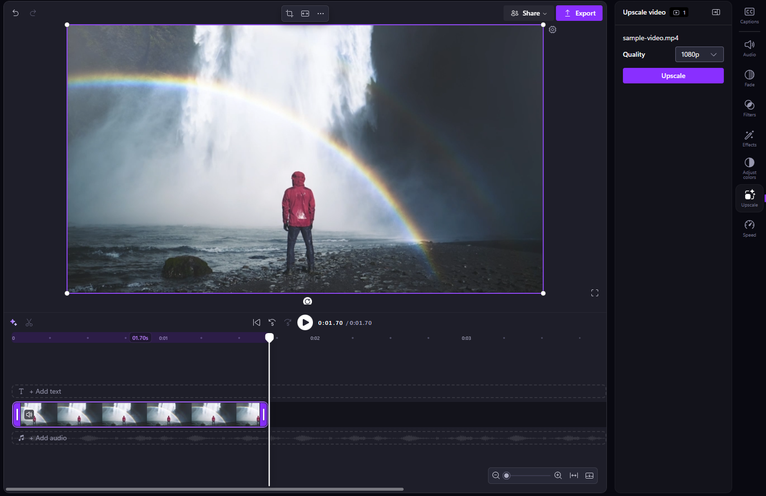 A screenshot of a selected video clip in the Clipchamp desktop app with the Upscale tab open in the property panel.