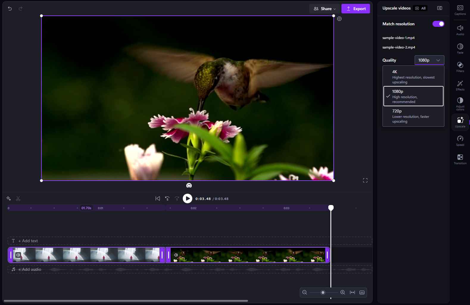 A screenshot of two selected video clips with Match resolution turned on and the Quality options open in the Upscale panel.