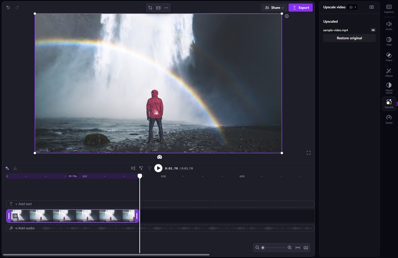 A screenshot of a completed 4K video upscale with the Restore original button in the Upscale panel.