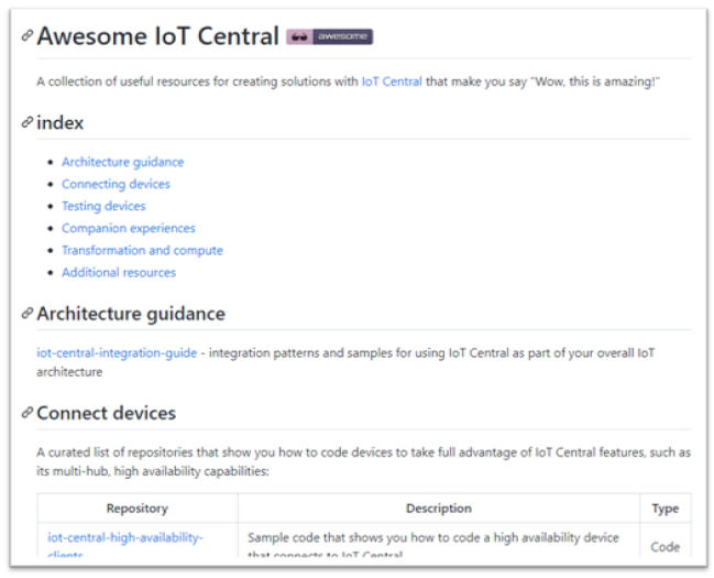 & Awesome IOT Central 
A collection Of useful re-sources for creating solutions with IOT Central that make you say •Wow. this is amazing"- 
index 
Architecture guidance 
• Connecting dwices 
Testing devices 
Compa nion experiences 
• Transformation and comp 
Additional resources 
Architecture guidance 
- IOT Central as part Of 
& Connect devices 
A curated list Of repositories that show you to code devices to take full advantage Of Central features such as 
its multi-hub high availability capabilities: 
Rep sitory 
iot •central • high •ava 
Sample code that you how to code a high avaaability device 