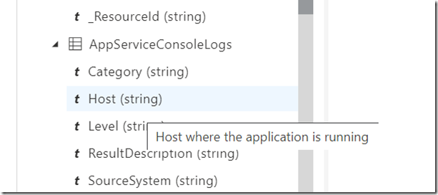 Colun descriptions tables Log analytics