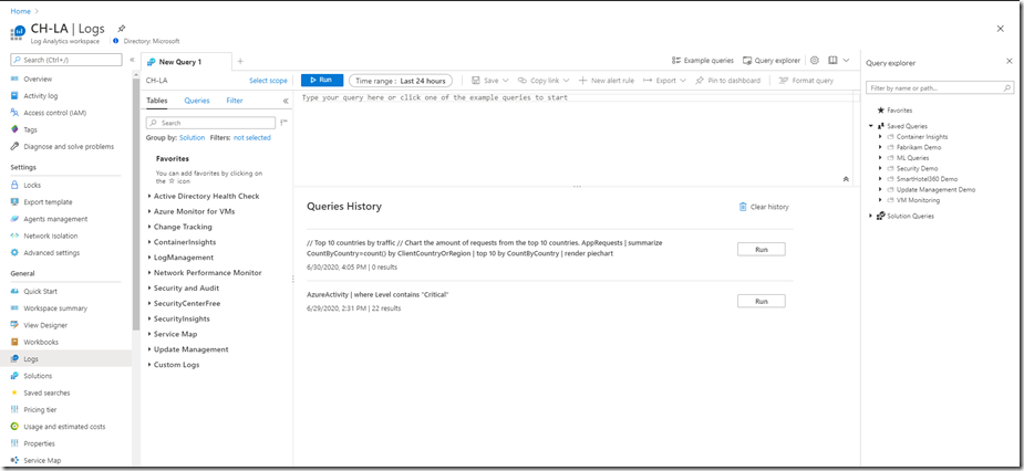 Query explorer in Log Analytics workspace