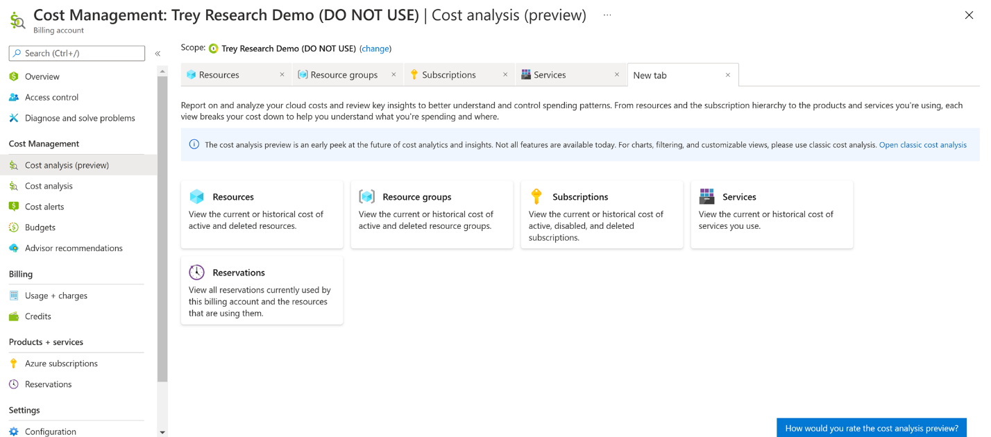 Cost analysis preview showing a list of available views